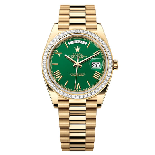 2025 Brand New Rolex - 228398TBR-0039 Day-Date 40 Yellow Gold - Baguette / Green - Roman