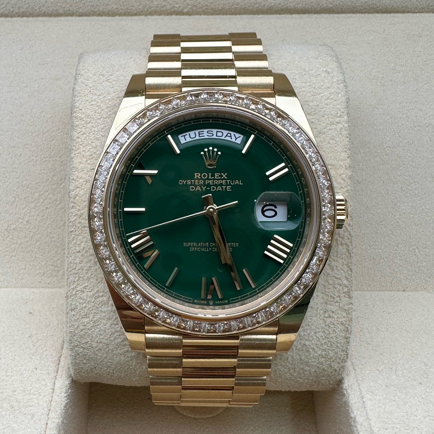 2025 Brand New Rolex - 228398TBR-0039 Day-Date 40 Yellow Gold - Baguette / Green - Roman