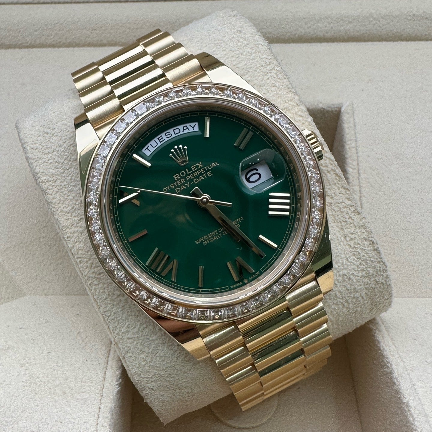 2025 Brand New Rolex - 228398TBR-0039 Day-Date 40 Yellow Gold - Baguette / Green - Roman