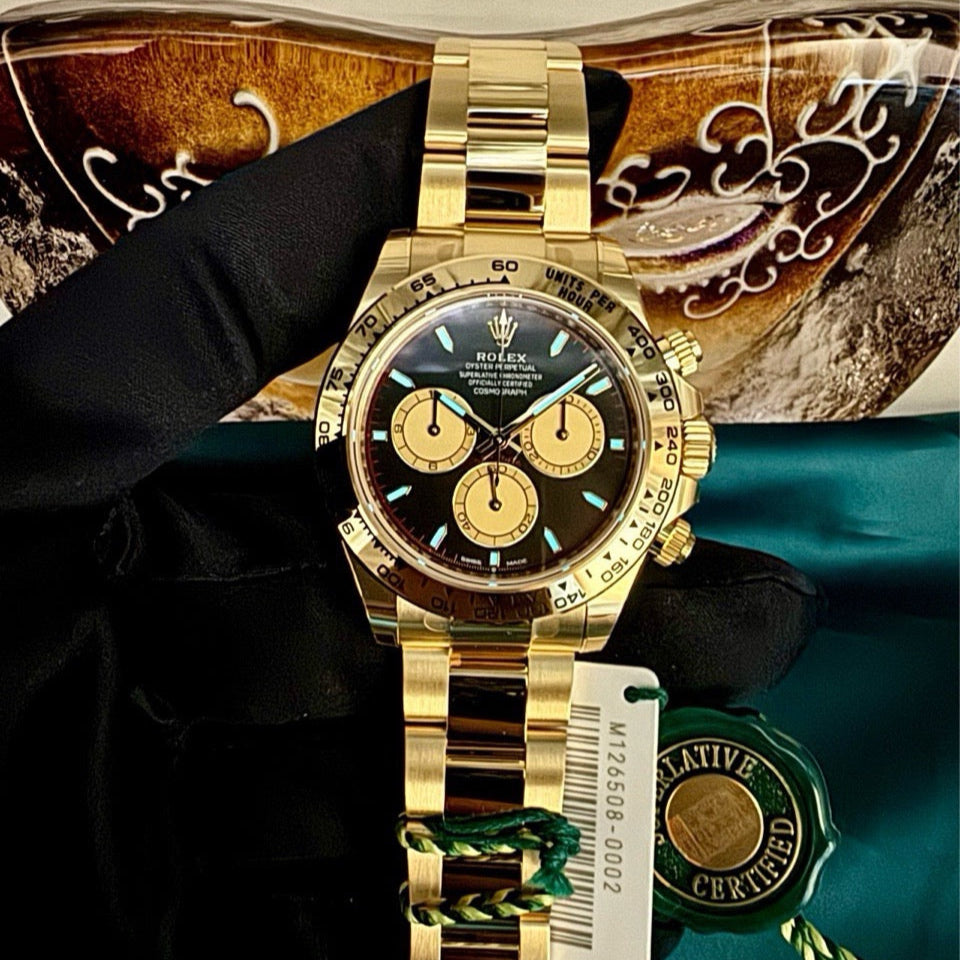 2025 Brand New Rolex - 126508-0002 Cosmograph Daytona Yellow Gold / Black - Champagne / Oyster