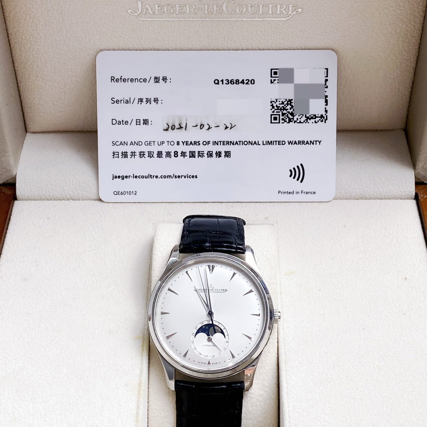 2021 Pre-owned Jaeger-LeCoultre - 1368420 Master Ultra Thin Moon Stainless Steel / Silver / Alligator