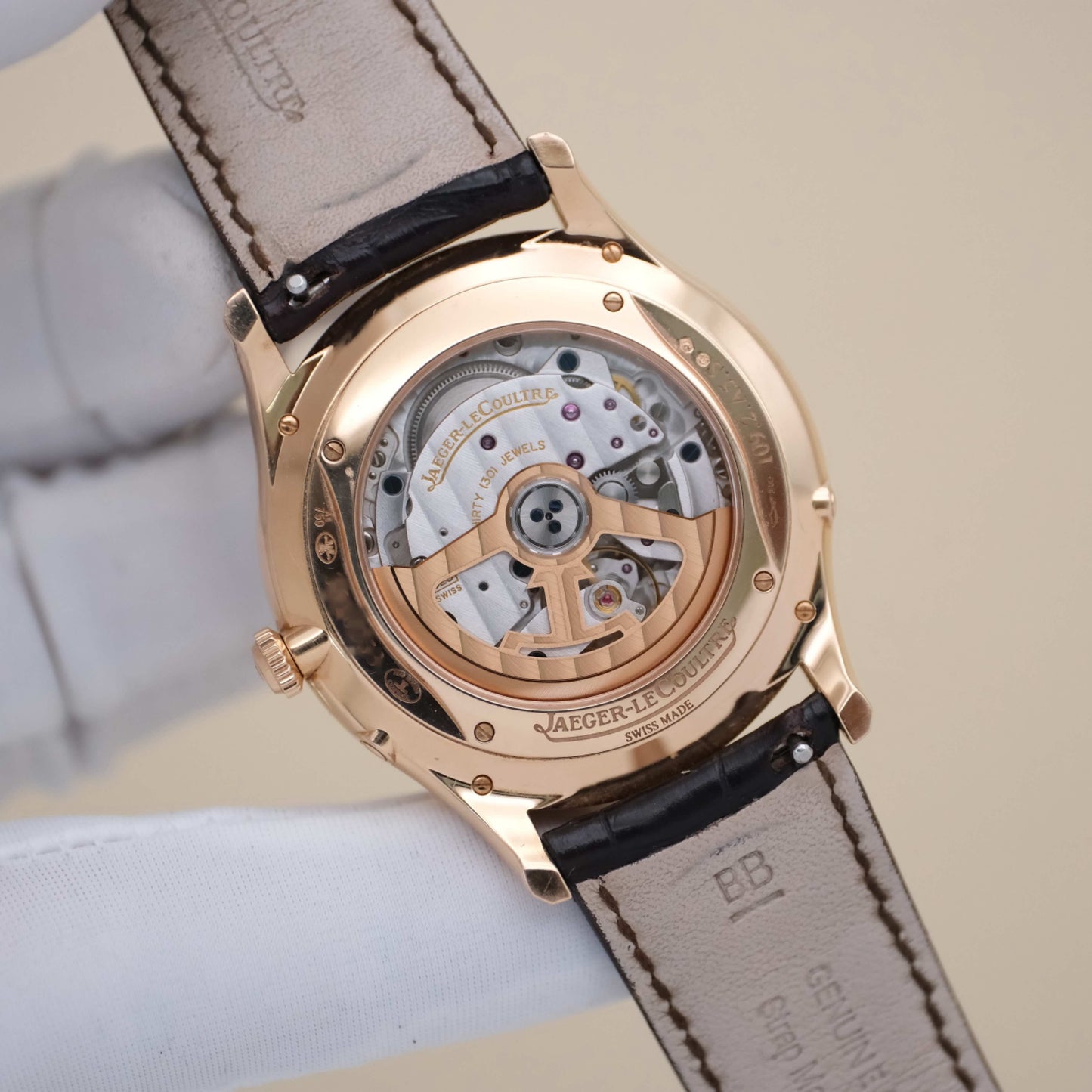 2022 Pre-owned Jaeger-LeCoultre - 1362510 Master Ultra Thin Moon Pink Gold / Eggshell / Alligator