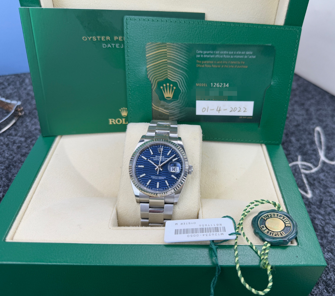 2022 Pre-owned Rolex - 126234-0050 Datejust 36 Stainless Steel / Fluted / Blue - Fluted / Oyster