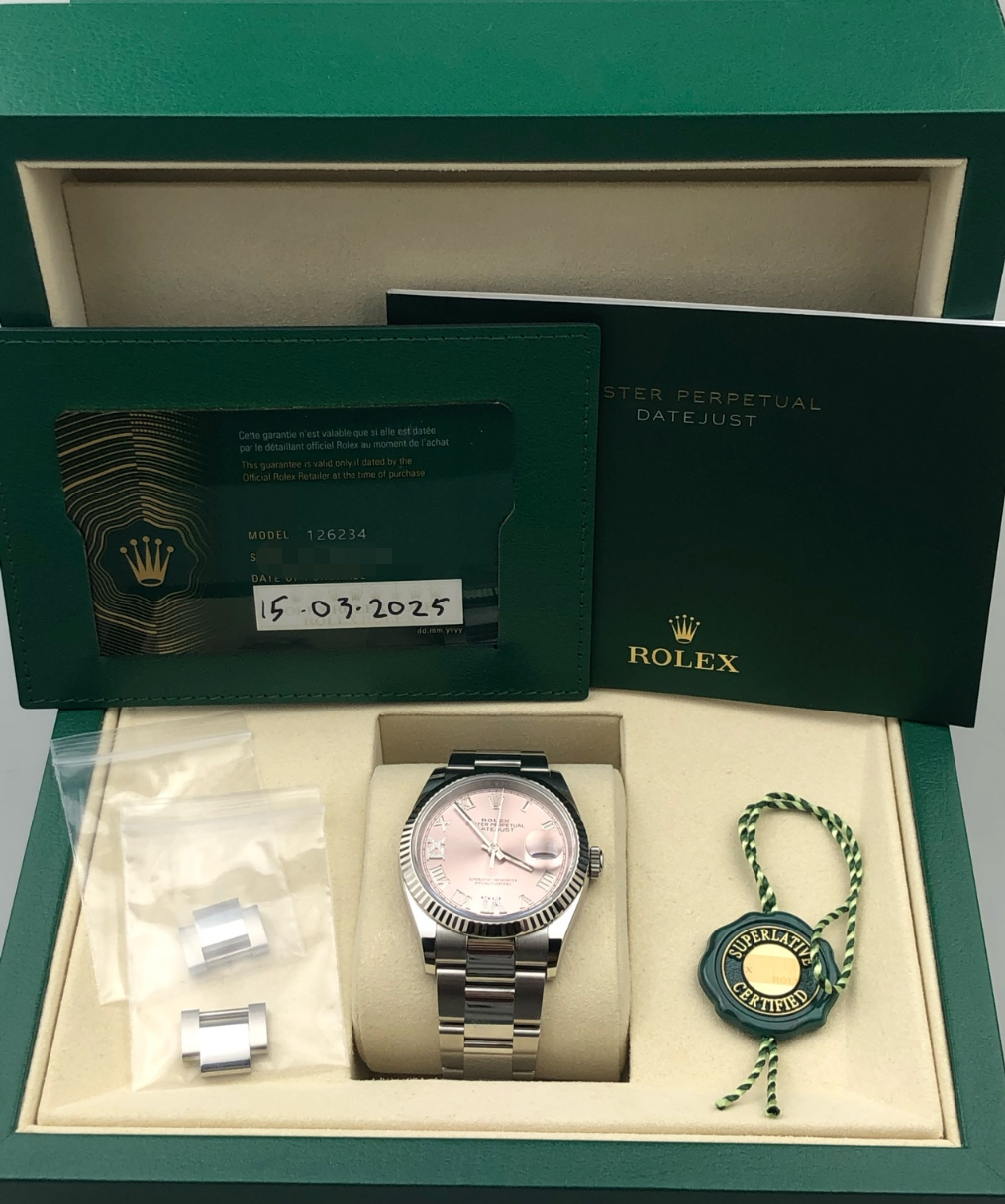 2025 Pre-owned Rolex - 126234-0032 Datejust 36 Stainless Steel / Fluted / Pink Roman-Diamonds / Oyster