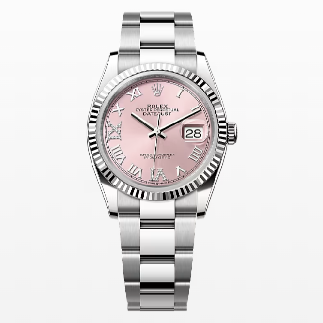 2025 Pre-owned Rolex - 126234-0032 Datejust 36 Stainless Steel / Fluted / Pink Roman-Diamonds / Oyster