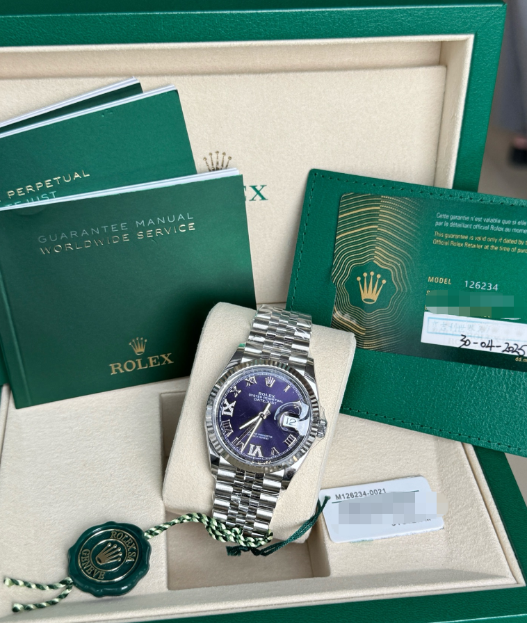 2025 Brand New Rolex - 126234-0021 Datejust 36 Stainless Steel / Fluted / Aubergine Roman-Diamonds / Jubilee
