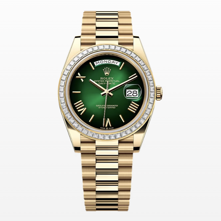 2025 Brand New Rolex - 228398TBR-0042 Day-Date 40 Yellow Gold - Baguette / Green Ombré